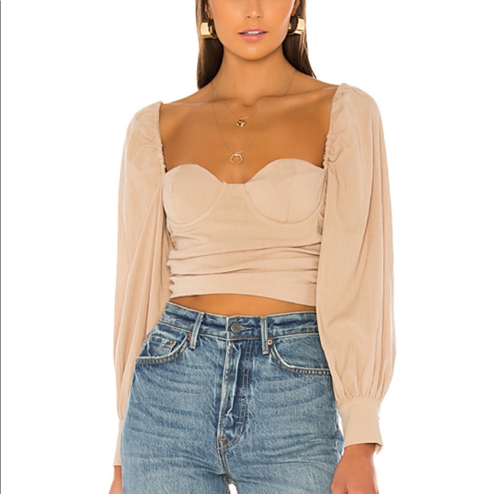 MAJORELLE Beige Puff-Sleeve Bustier Crop Top